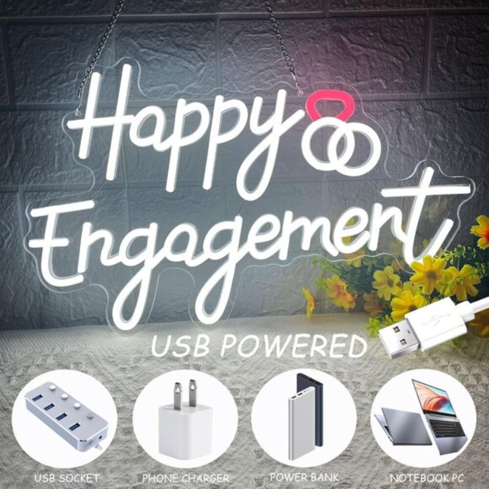New Happy Engagement Neon Sign, White LED Light for Wedding & Party Decor - Picture 3 of 8